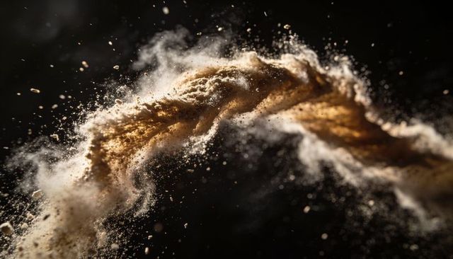 Swirling brown powder ribbon in motion with fine granules and diffuse dust plumes