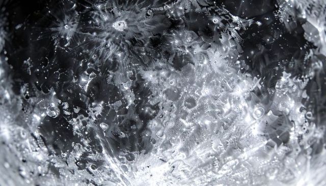 Monochrome macro ice crystal surface with trapped bubbles, rings and radial frost patterns