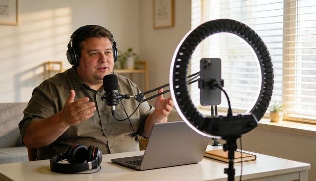Male Podcast Host Recording in Home Office With Broadcast Microphone, Ring Light, Laptop