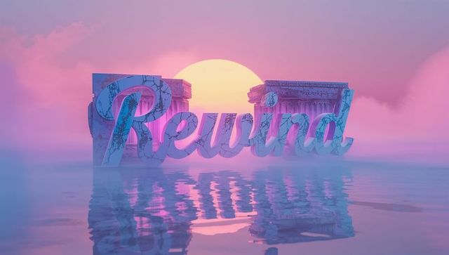 Surreal neon pastel rewind marble sculpture reflecting on misty coastal ruins at sunset