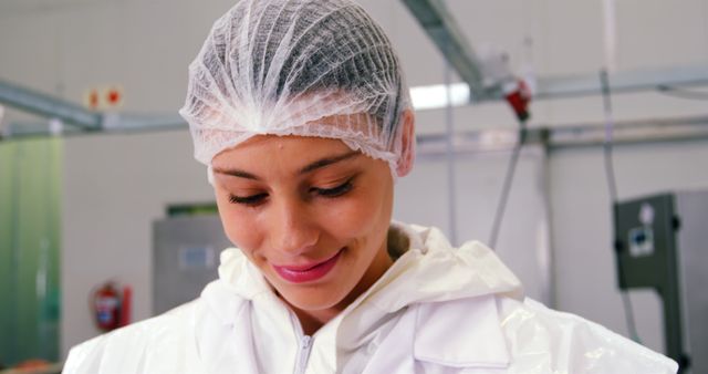 Female Factory Worker in Protective Clothing Smiling at Work - Download Free Stock Images Pikwizard.com