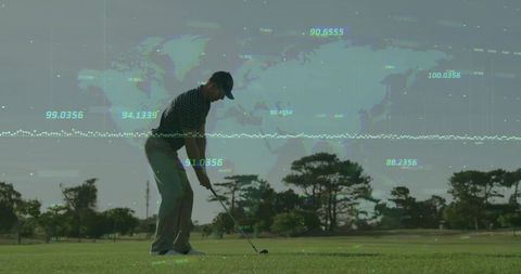 Golfer preparing swing on scenic fairway with digital overlay
