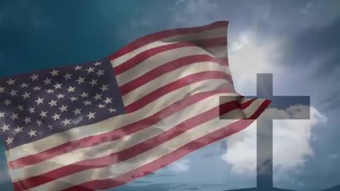 American Flag Waving with Cross and Radiant Sky