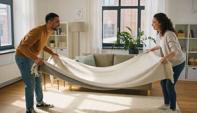 Couple holding large blanket over sofa preparing cozy neutral living room