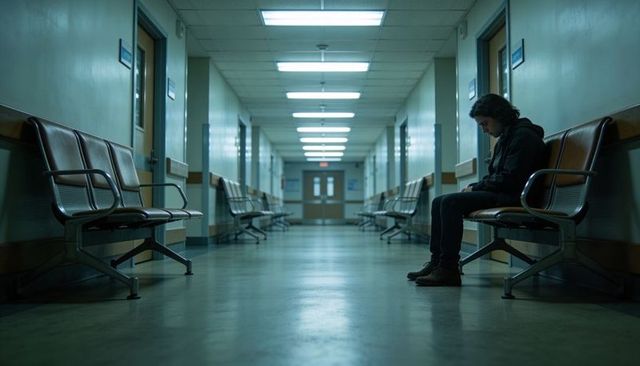 Lonely teen sitting on bench in empty hospital corridor under fluorescent lights