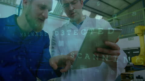 Engineers Analyzing Data on Tablet with Digital Overlay