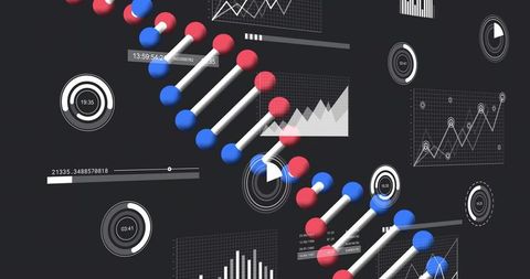 Abstract DNA-inspired chain intersecting holographic analytics dashboard with neon gauges