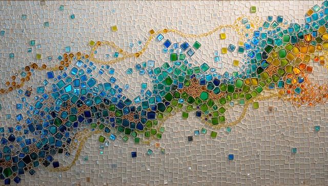 Colorful abstract mosaic art on wall with blue and green tiles