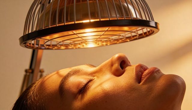 Woman relaxing under infrared heat lamp receiving facial therapy with metal-caged lamp