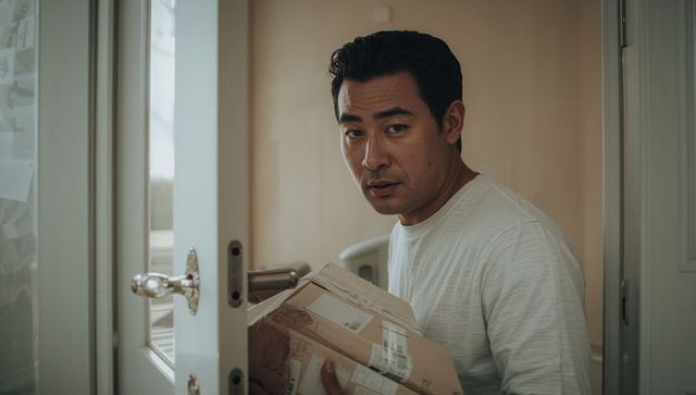 Asian man carrying delivery parcel through open door looking back over shoulder