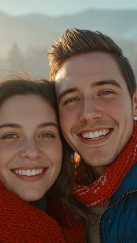 Couple Leaning Heads Together Smiling on Mountain Wearing Red Scarves Vertical Video