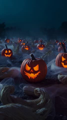 Pulling Back Camera Revealing Fog-Drifting Pumpkin Patch with Flickering Jack O Lanterns Night