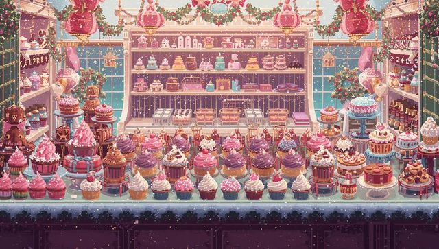Colorful holiday bakery display showing rows of frosted cupcakes and tiered cakes