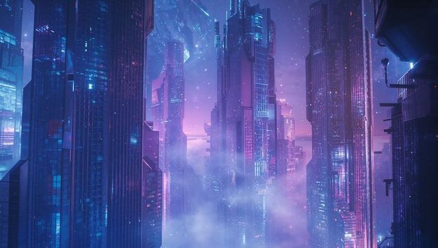 Futuristic Neon Cityscape with Sky-High Skyscrapers and Vibrant Aura