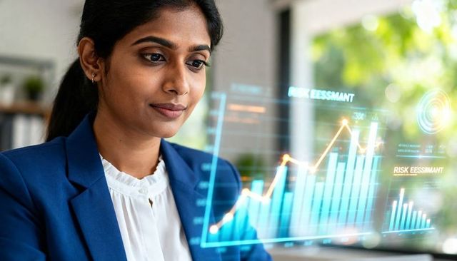 Indian businesswoman analyzing virtual finance dashboard with ai charts and risk metrics