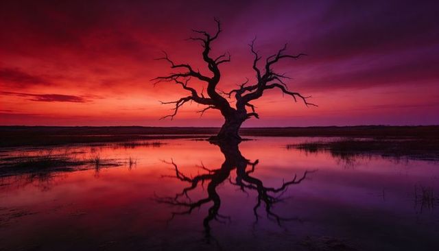 Gnarled lone tree silhouette reflecting in marsh at fiery red sunset