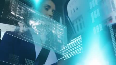 Businesswoman Interacting with Holographic Data Interface