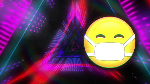 Smiling Mask Emoji Over Digital Tunnel Interface