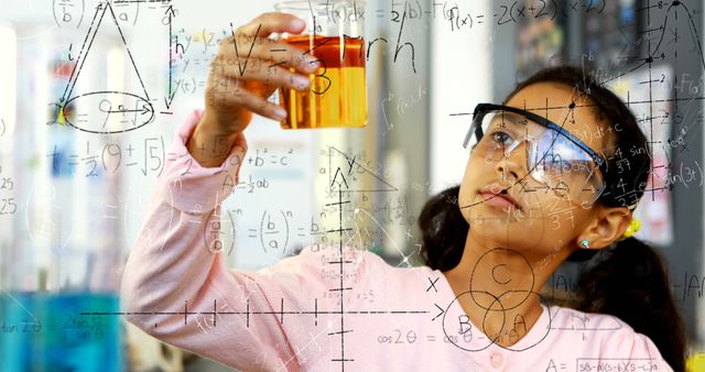 Young Girl Conducting Science Experiment with Math Formulae Overlay - Download Free Stock Images Pikwizard.com