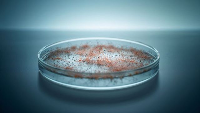 Petri Dish with Filamentous Fungal Colonies Growing on Agar Showing Hyphae and Spores