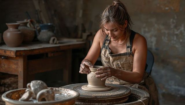 Female potter shaping clay vase on pottery wheel in rustic sunlit studio, handmade ceramics