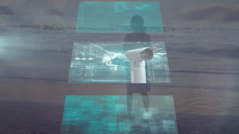 Digital Data Interface with Woman Walking on Beach