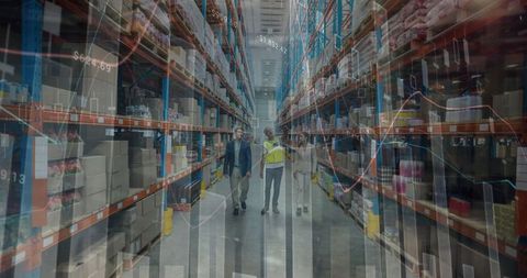 Businessmen Amid Warehouse Aisles with Financial Data Overlay - Download Free Stock Images Pikwizard.com