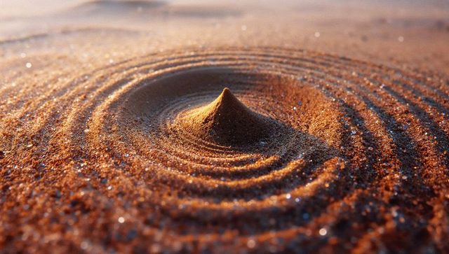 Conical sand mound in zen garden with raked patterns