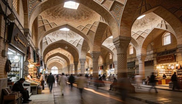 Vaulted historic bazaar showcasing arched columns, skylights and bustling crowds