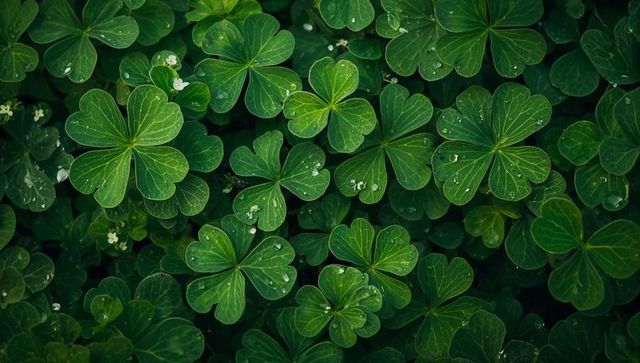 Lush clover groundcover displaying dew droplets and tiny white blooms on dark green foliage