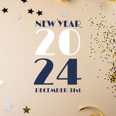 new year 2024 celebration with confetti and stars on gold background - Download Free Stock Templates Pikwizard.com