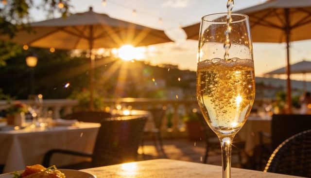 Pouring sparkling wine into champagne flute on sunlit terrace at golden hour