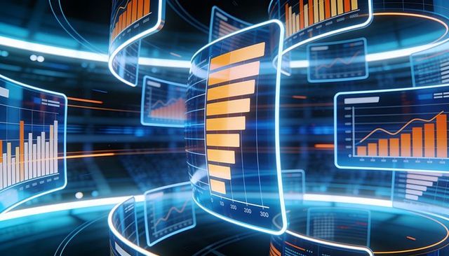Displaying futuristic holographic data dashboard with curved neon bar charts and analytics