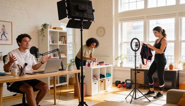 Home studio creators recording fitness gear review and makeup demos with presenter