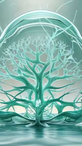 Teal Energy Tree Swaying Under Glass Dome with Flickering Arcs Over Reflective Liquid Loop