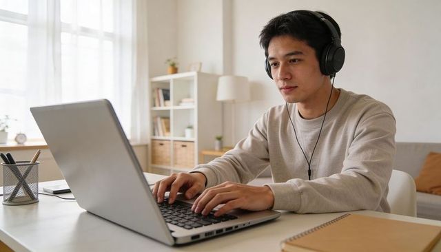 Asian man working from home wearing headphones typing on laptop in minimalist workspace