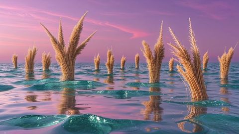 Surreal Reeds in Ocean at Dusk with Pastel Skies