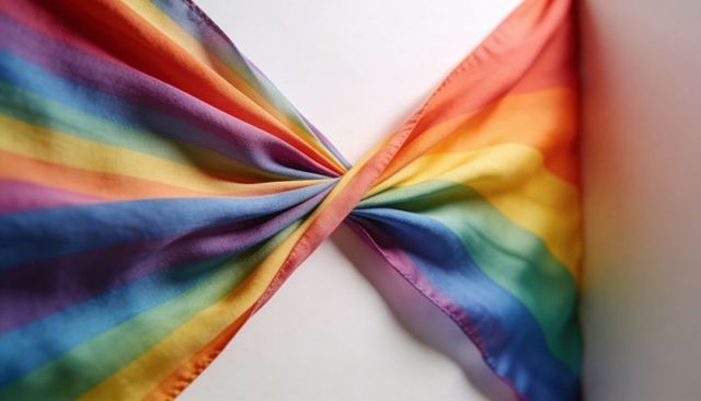Twisting rainbow silk with center knot and stitched hem, vibrant pride textile close-up
