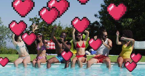 Fun Pool Party With Friends and Pixelated Hearts Concept