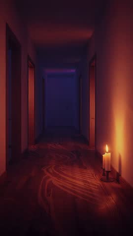 Candle flame flickering in dim corridor casting moving shadows | Vertical moody footage