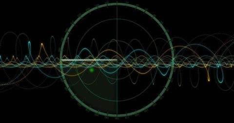 Futuristic radar HUD with neon waveform telemetry, concentric rings and scanning crosshair blip