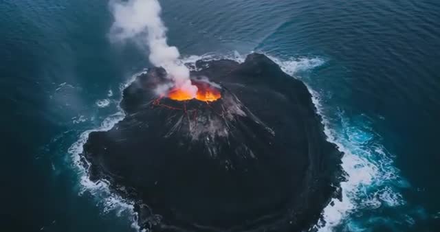 Drone Cinematically Immersing in Dynamic Volcanic Island Eruption
