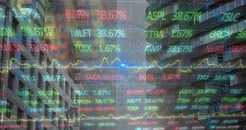 Futuristic stock market visualization over urban cityscape
