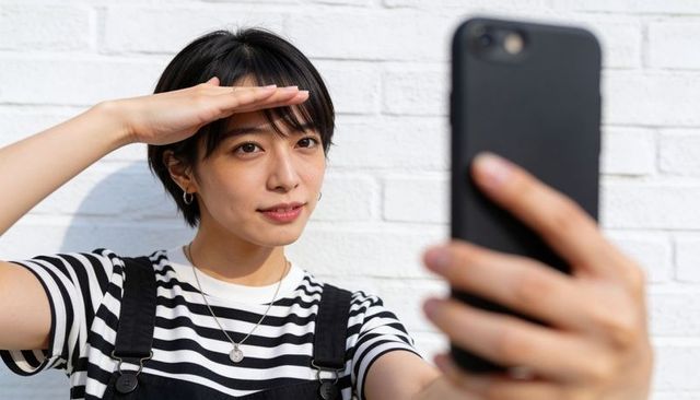 Asian woman taking casual selfie with smartphone by white brick wall, striped tee, portrait