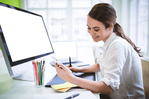 Businesswoman Smiling at Smartphone Desk Transparent Office - Download Free Stock Videos Pikwizard.com