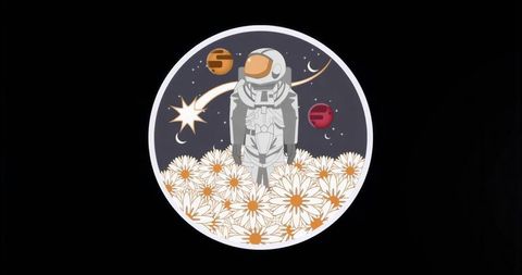 Surreal astronaut among daisies in cosmic adventure