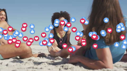 Friends Enjoying Beach with Social Media Icons Floating