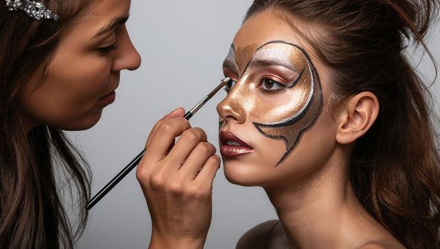 Makeup artist applying metallic gold and black face paint on model closeup portrait