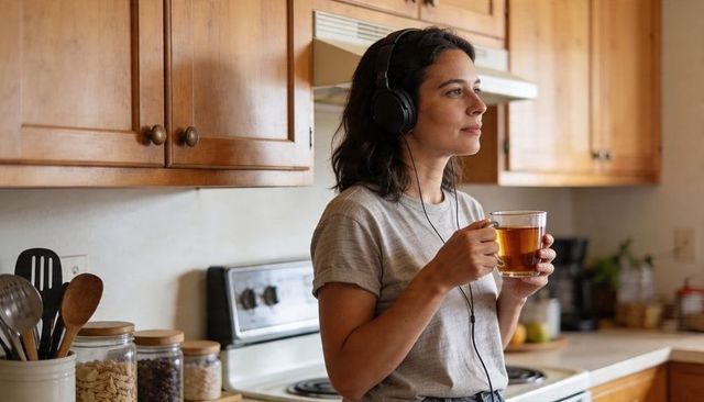 Calm woman wearing over-ear headphones holding glass mug of tea in cozy sunlit kitchen