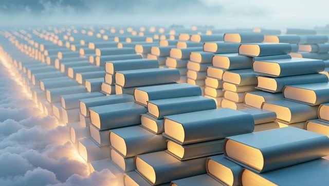 Glowing Books Forming Infinite Rows in Dreamlike Cloudscape